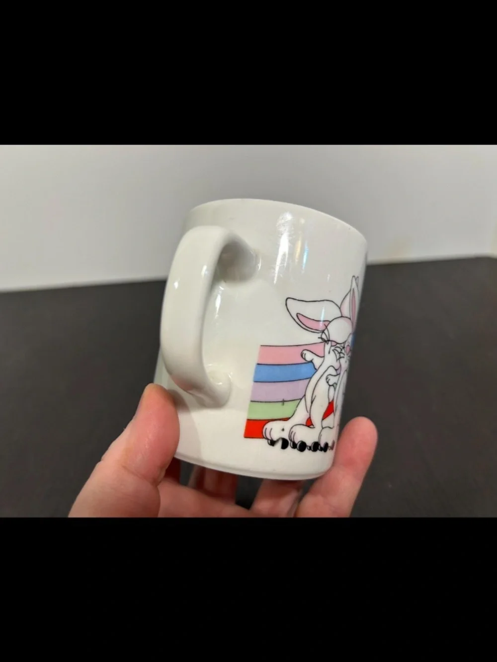 Vintage Roller Skating Bunnies/Rabbits with Rainbow Coffee Mug/Coffee Cup 1980s